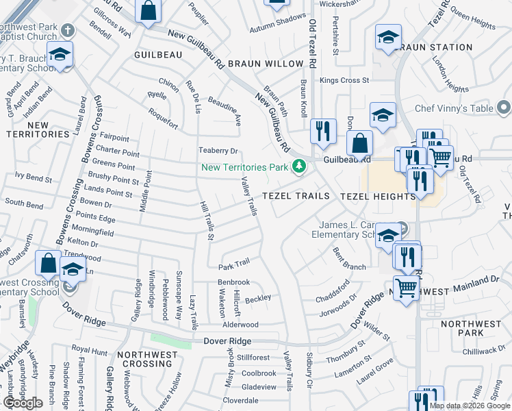 map of restaurants, bars, coffee shops, grocery stores, and more near 8103 Valley Trails in San Antonio
