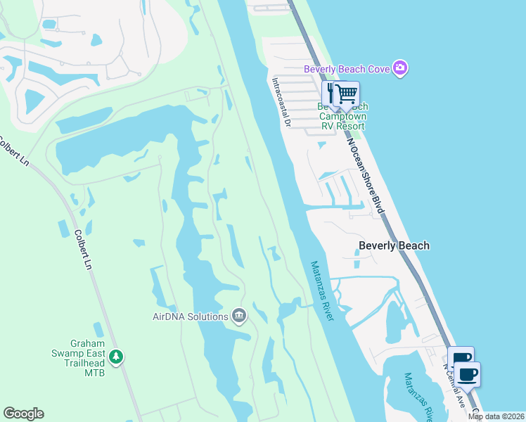 map of restaurants, bars, coffee shops, grocery stores, and more near 84 South Riverwalk Drive in Palm Coast