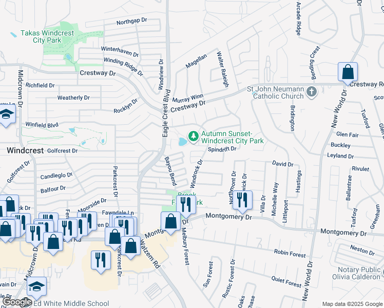 map of restaurants, bars, coffee shops, grocery stores, and more near 6206 Spindrift in San Antonio