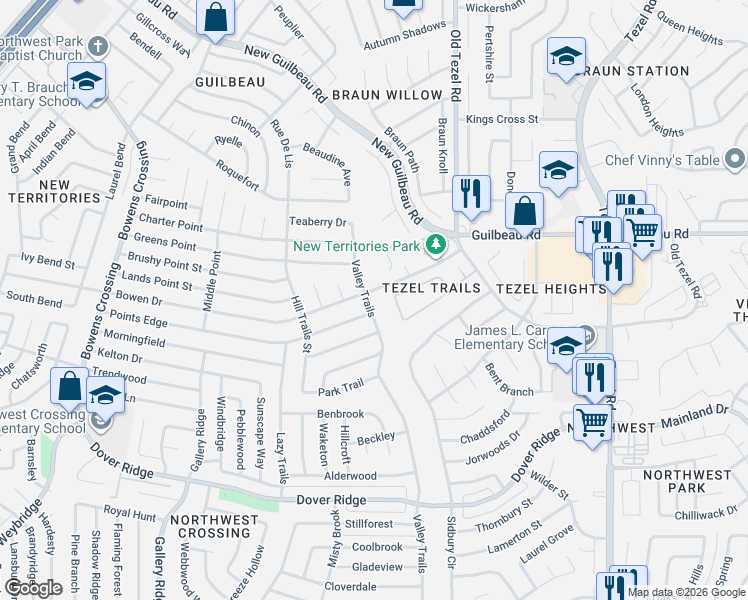 map of restaurants, bars, coffee shops, grocery stores, and more near 8103 Valley Trails in San Antonio