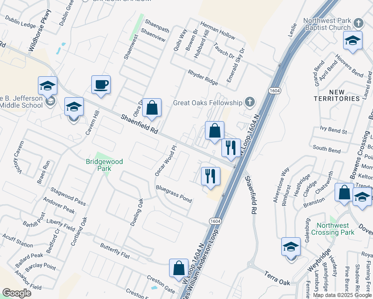 map of restaurants, bars, coffee shops, grocery stores, and more near 10503 Talon Point in San Antonio