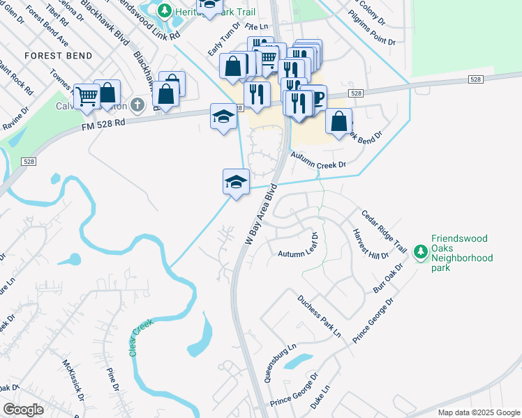map of restaurants, bars, coffee shops, grocery stores, and more near 4993 Bay Area Boulevard in Friendswood