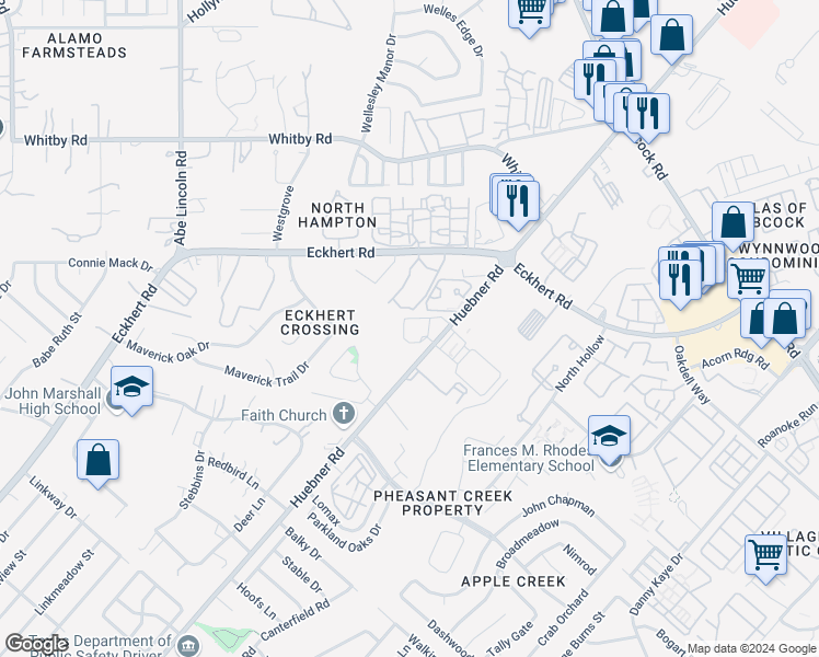map of restaurants, bars, coffee shops, grocery stores, and more near 8503 Huebner Road in San Antonio