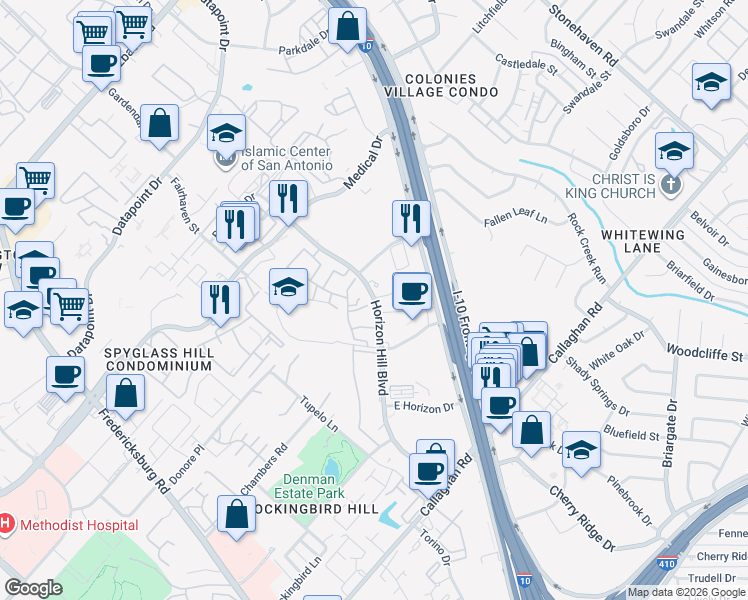 map of restaurants, bars, coffee shops, grocery stores, and more near 4400 Horizon Hill Boulevard in San Antonio