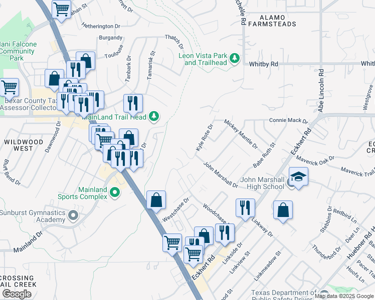 map of restaurants, bars, coffee shops, grocery stores, and more near 7122 Faith Way in San Antonio