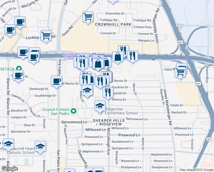 map of restaurants, bars, coffee shops, grocery stores, and more near 8507 McCullough Avenue in San Antonio