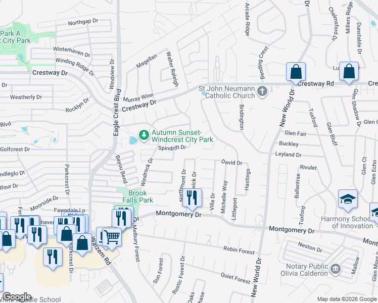 map of restaurants, bars, coffee shops, grocery stores, and more near 6415 Spindrift in San Antonio
