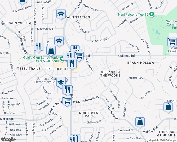 map of restaurants, bars, coffee shops, grocery stores, and more near 8917 Maverick Draw in San Antonio