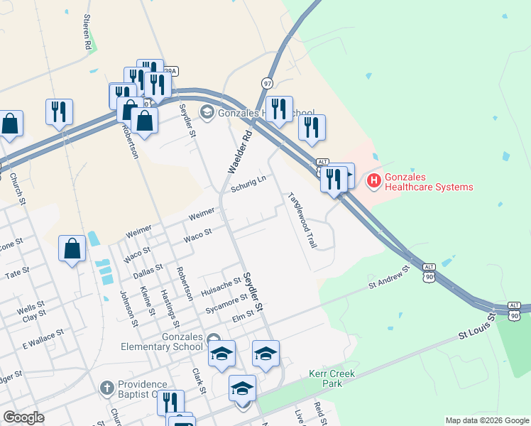 map of restaurants, bars, coffee shops, grocery stores, and more near 2137 Yellow Rose Way in Gonzales