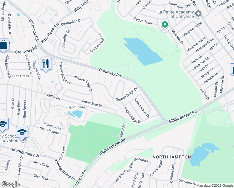 map of restaurants, bars, coffee shops, grocery stores, and more near 7712 Painted Ridge Drive in San Antonio
