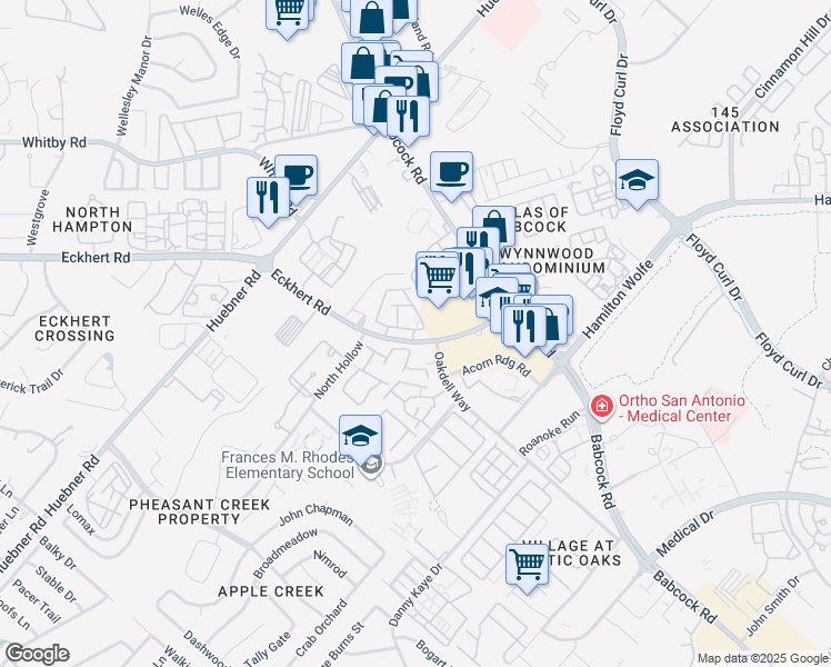map of restaurants, bars, coffee shops, grocery stores, and more near 5903 Eckhert Road in San Antonio