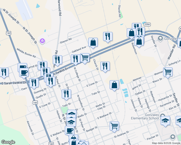 map of restaurants, bars, coffee shops, grocery stores, and more near 1619 Cavett Street in Gonzales