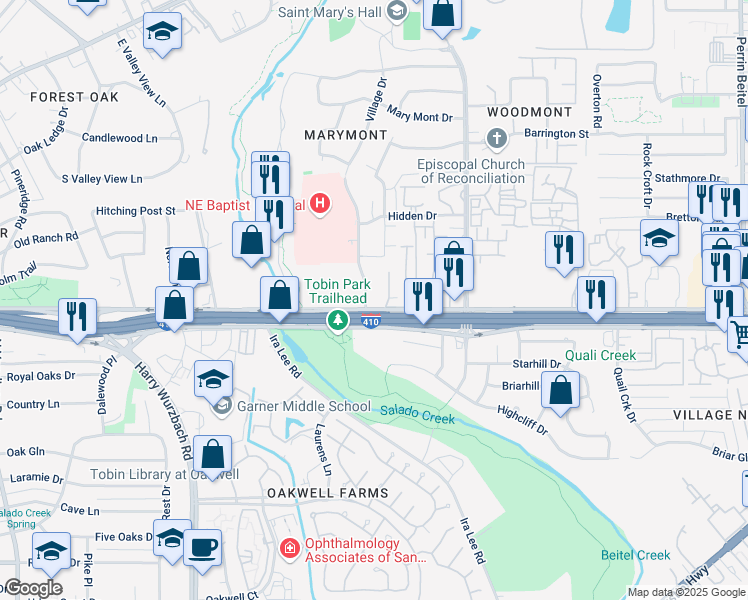 map of restaurants, bars, coffee shops, grocery stores, and more near 8502 Village Drive in San Antonio
