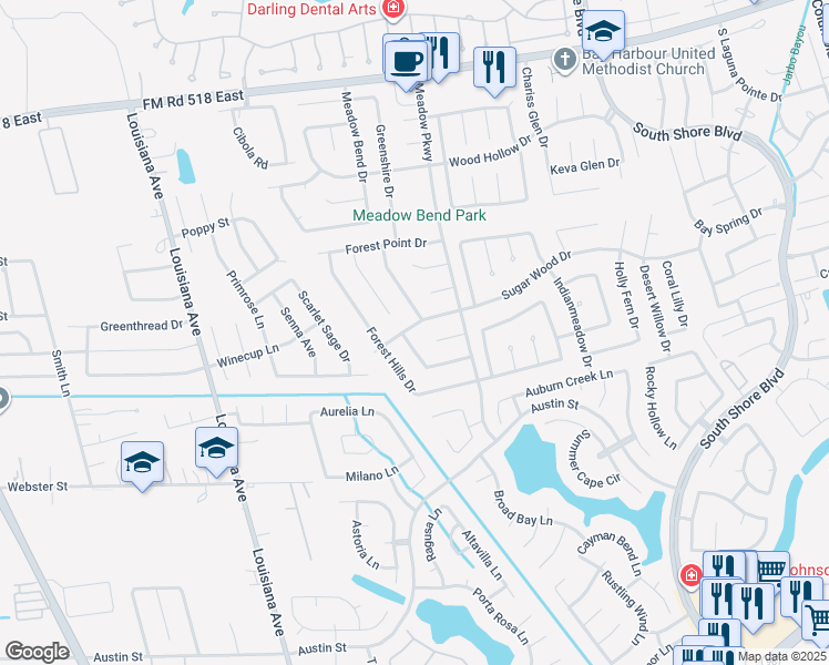 map of restaurants, bars, coffee shops, grocery stores, and more near 2808 Sugar Wood Drive in League City