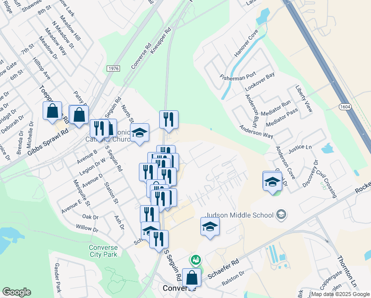 map of restaurants, bars, coffee shops, grocery stores, and more near 8919 Shadow Wood Lane in Converse