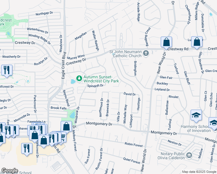 map of restaurants, bars, coffee shops, grocery stores, and more near 6403 Thoreaus Way in San Antonio