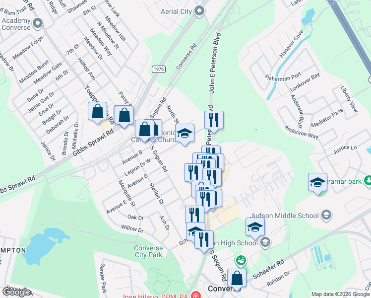 map of restaurants, bars, coffee shops, grocery stores, and more near 515 North Street in Converse