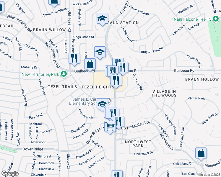 map of restaurants, bars, coffee shops, grocery stores, and more near 8122 Tezel Road in San Antonio