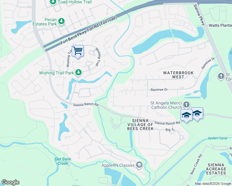 map of restaurants, bars, coffee shops, grocery stores, and more near 104 Tall Trail in Missouri City