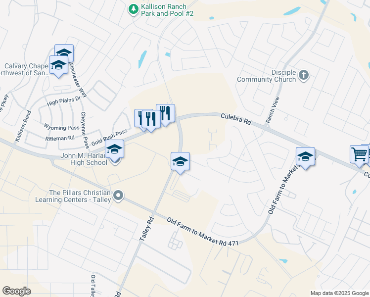 map of restaurants, bars, coffee shops, grocery stores, and more near 7800-8398 Talley Road in San Antonio