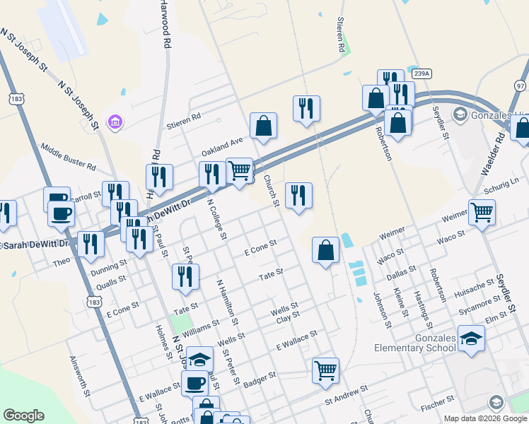 map of restaurants, bars, coffee shops, grocery stores, and more near 1619 Cavett Street in Gonzales