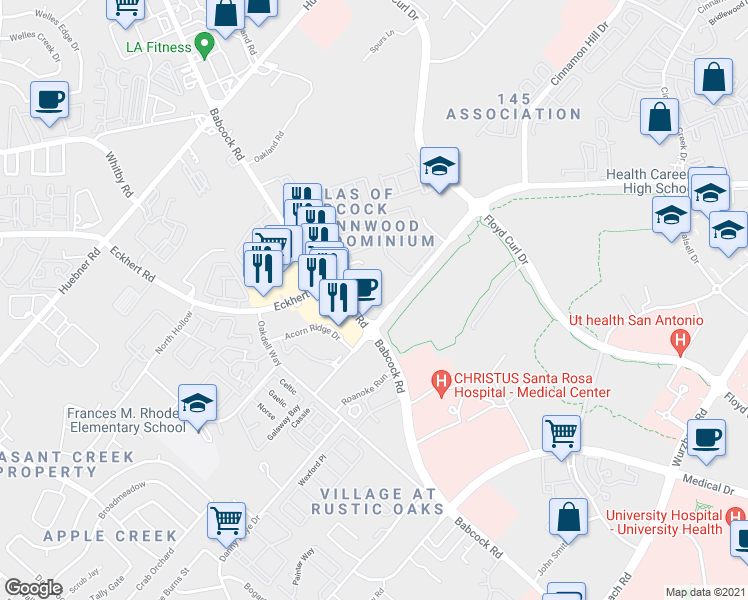 map of restaurants, bars, coffee shops, grocery stores, and more near 5423 Hamilton Wolfe Road in San Antonio