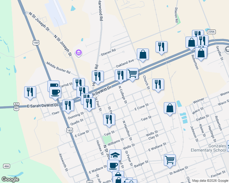 map of restaurants, bars, coffee shops, grocery stores, and more near 726 East Sarah DeWitt Drive in Gonzales