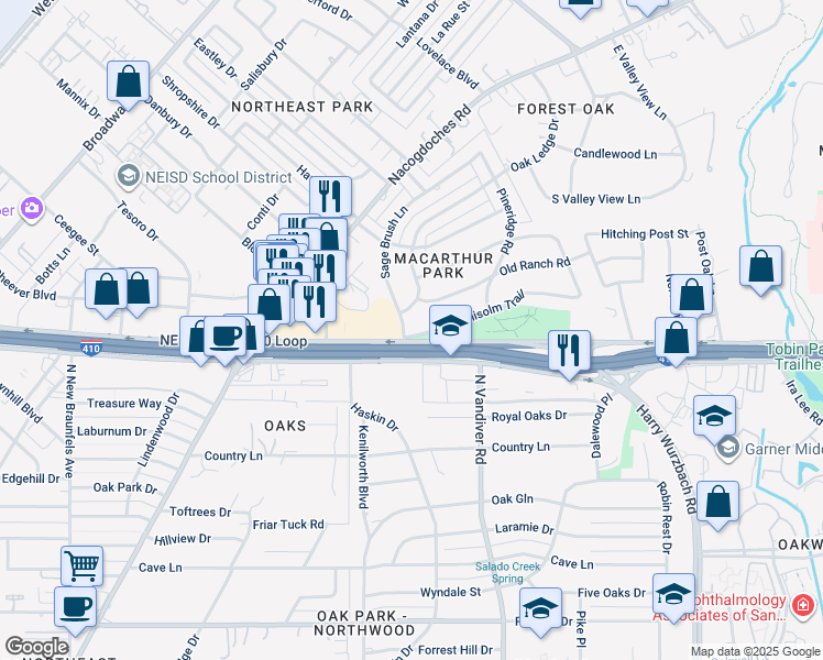 map of restaurants, bars, coffee shops, grocery stores, and more near 2719 Chisolm Trail in San Antonio