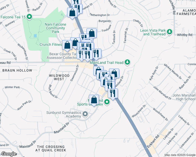 map of restaurants, bars, coffee shops, grocery stores, and more near 8102 Cerezo in San Antonio