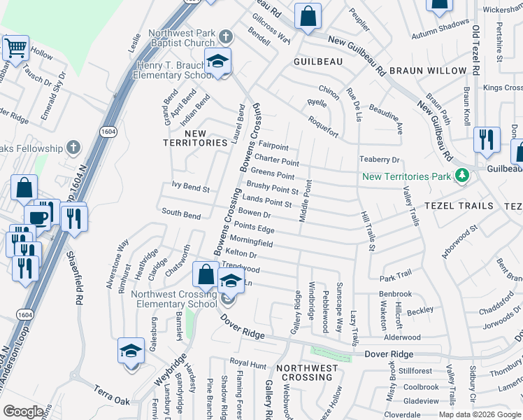 map of restaurants, bars, coffee shops, grocery stores, and more near 9450 Lands Point Street in San Antonio