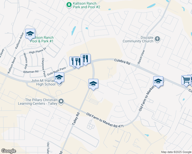 map of restaurants, bars, coffee shops, grocery stores, and more near 7800-8398 Talley Road in San Antonio