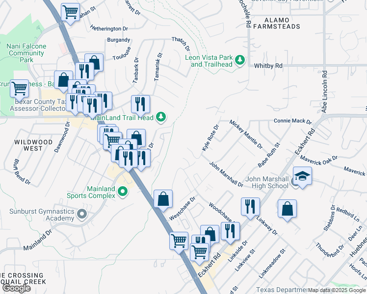 map of restaurants, bars, coffee shops, grocery stores, and more near 7123 Faith Way in San Antonio