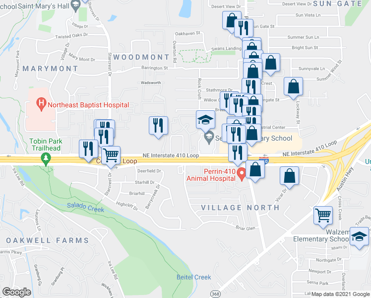 map of restaurants, bars, coffee shops, grocery stores, and more near 2525 I- 410 Access Road in San Antonio