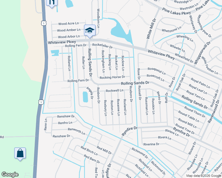 map of restaurants, bars, coffee shops, grocery stores, and more near 13 Rockwell Lane in Palm Coast
