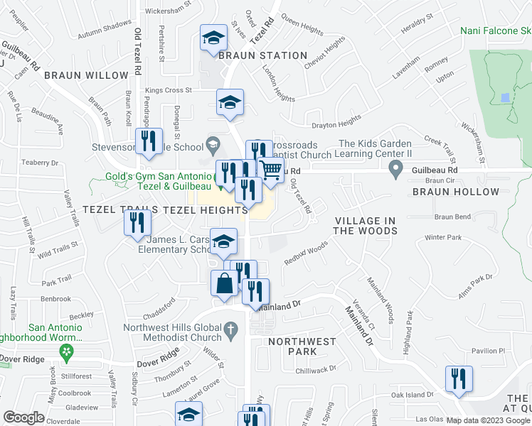 map of restaurants, bars, coffee shops, grocery stores, and more near 8122 Tezel Road in San Antonio