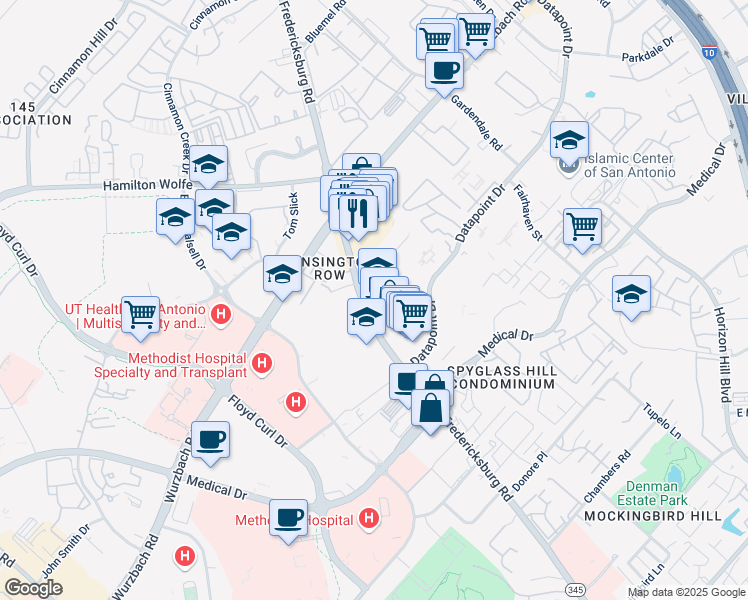 map of restaurants, bars, coffee shops, grocery stores, and more near 8308 Fredericksburg Road in San Antonio