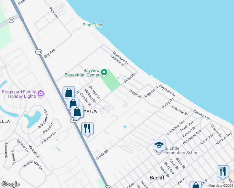 map of restaurants, bars, coffee shops, grocery stores, and more near 3215 Alsworth Street in Bacliff