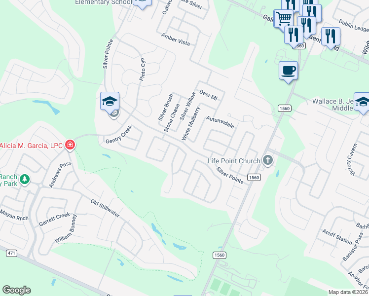 map of restaurants, bars, coffee shops, grocery stores, and more near 9715 Woodland Pines in San Antonio