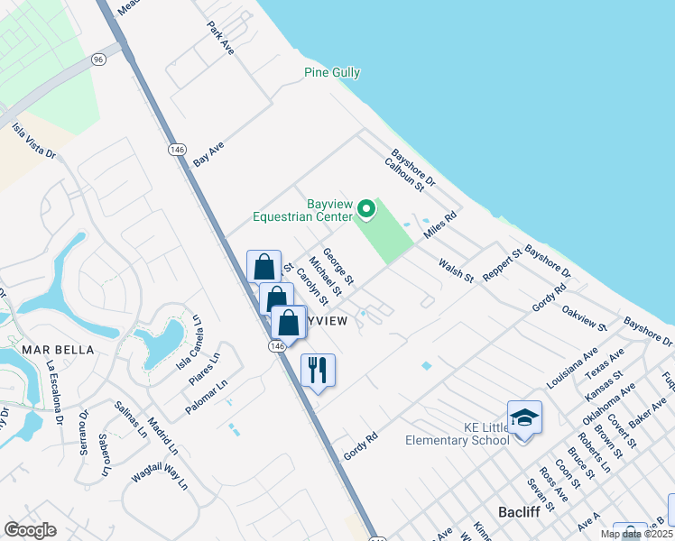 map of restaurants, bars, coffee shops, grocery stores, and more near 3104 George St in Bacliff