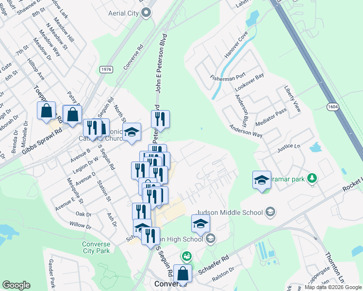 map of restaurants, bars, coffee shops, grocery stores, and more near 9217 Shadow Crest Drive in Converse