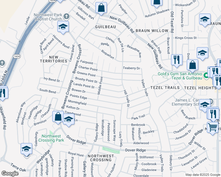map of restaurants, bars, coffee shops, grocery stores, and more near 9330 Brushy Point Street in San Antonio