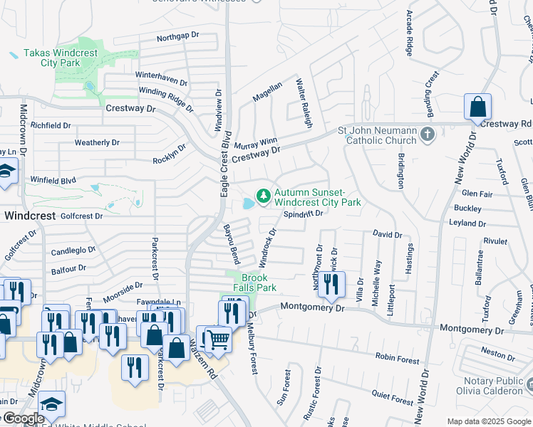 map of restaurants, bars, coffee shops, grocery stores, and more near 6206 Spindrift in San Antonio
