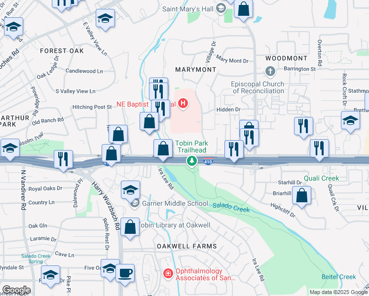 map of restaurants, bars, coffee shops, grocery stores, and more near 2119 Northeast Interstate 410 Loop in San Antonio