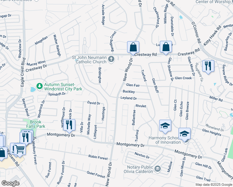 map of restaurants, bars, coffee shops, grocery stores, and more near 8507 New World Drive in San Antonio