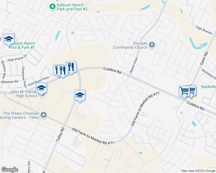 map of restaurants, bars, coffee shops, grocery stores, and more near 8213 Limerick Falls in San Antonio