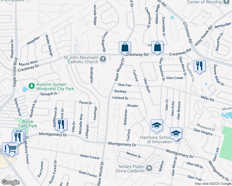 map of restaurants, bars, coffee shops, grocery stores, and more near 6718 Buckley in San Antonio