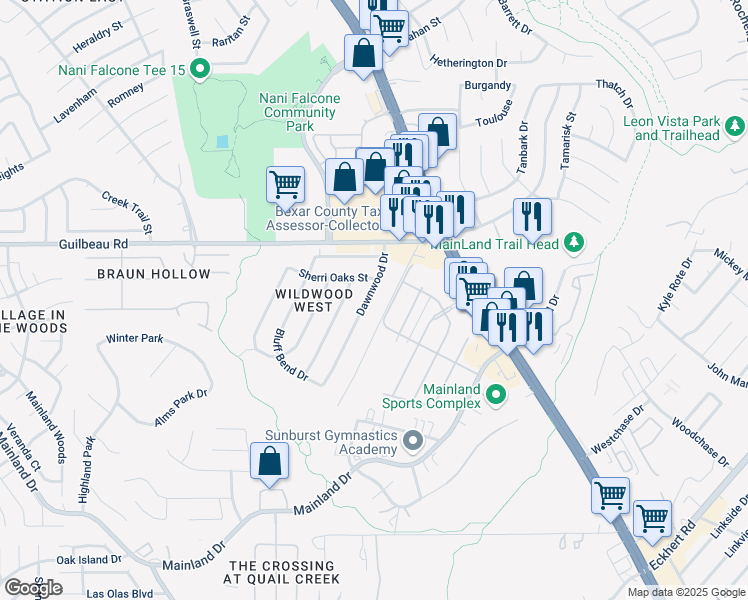 map of restaurants, bars, coffee shops, grocery stores, and more near 8362 Dawnwood Dr in San Antonio