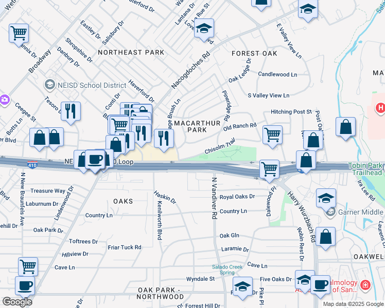 map of restaurants, bars, coffee shops, grocery stores, and more near 2719 Chisolm Trail in San Antonio