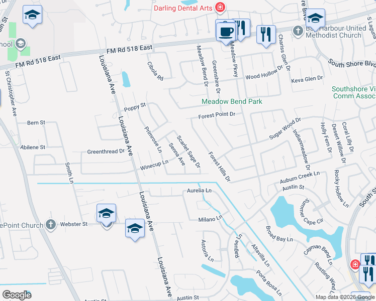 map of restaurants, bars, coffee shops, grocery stores, and more near Scarlet Sage Drive in League City