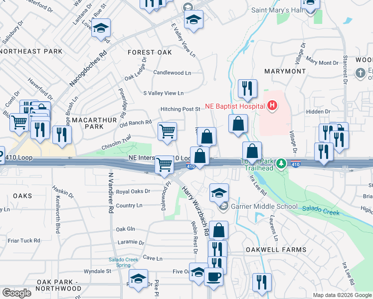 map of restaurants, bars, coffee shops, grocery stores, and more near 1777 Northeast Interstate 410 Loop in San Antonio